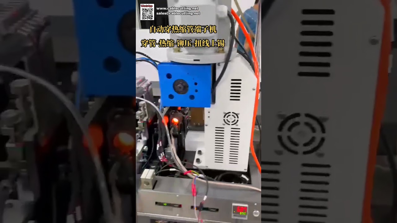 Automatische krimp- en vertinningsmachine voor draden met krimpkousinvoer